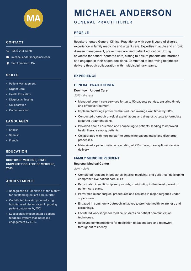 General Clinical Practitioner Resume Preview Example