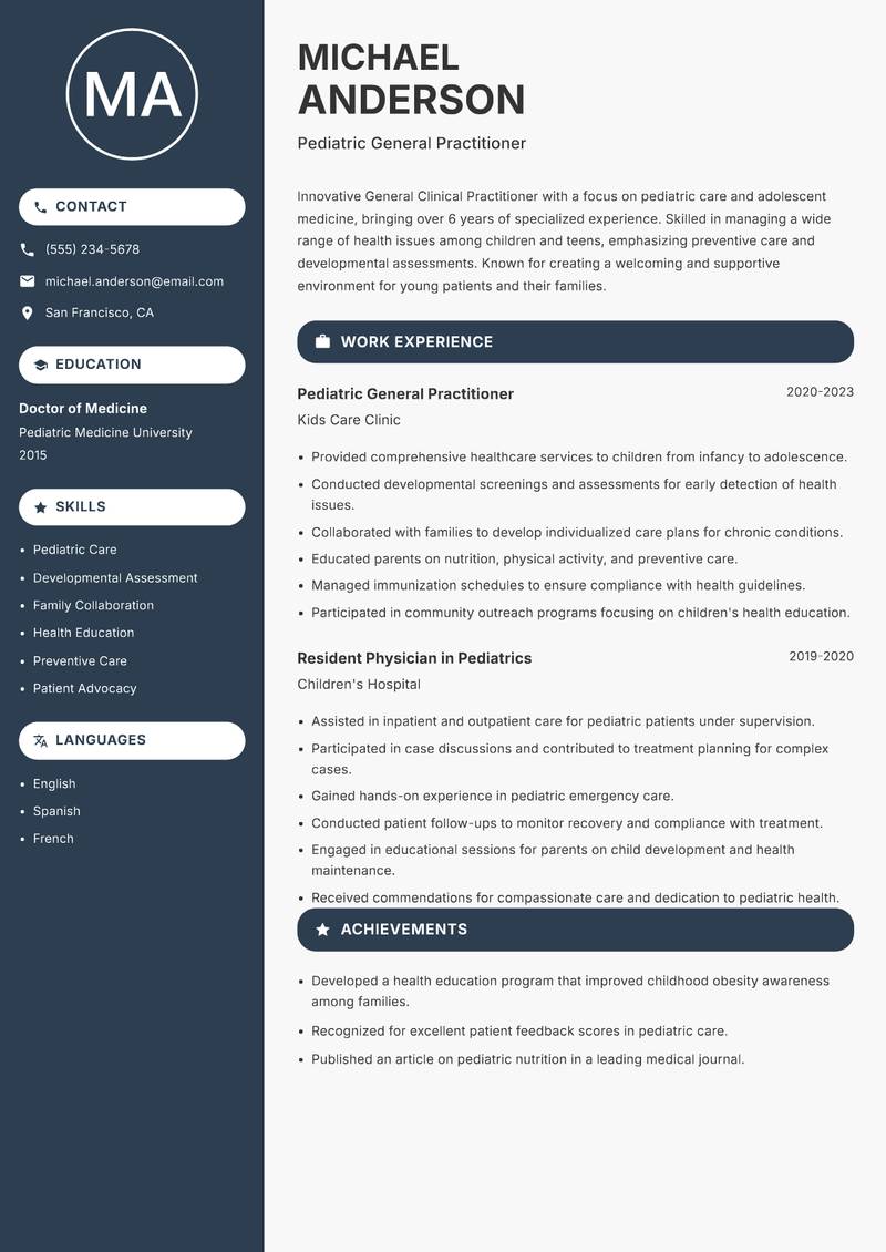 General Clinical Practitioner Resume Preview Example