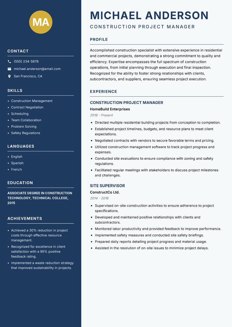 General Construction Worker Resume Preview Example
