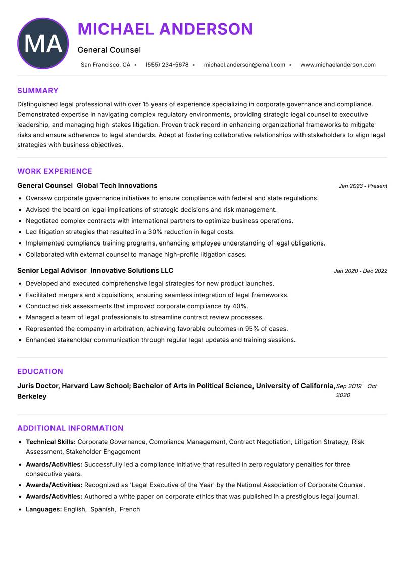General Counsel Resume Preview Example