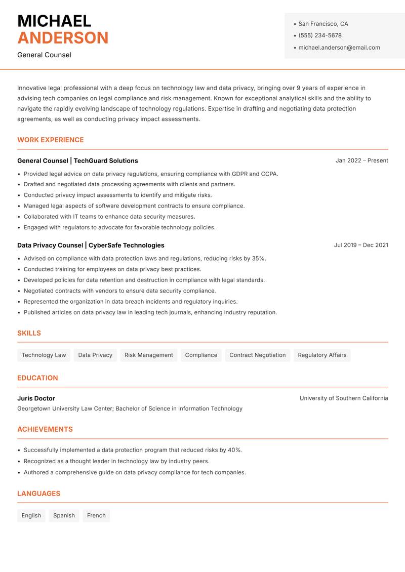 General Counsel Resume Template