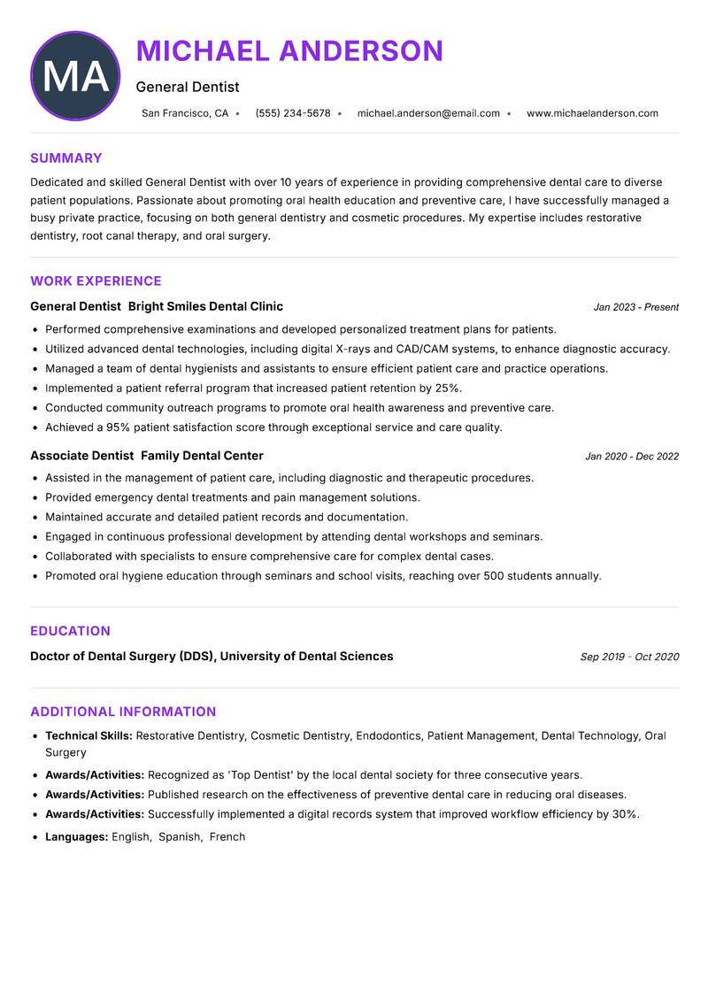 General Dentist Resume Preview Example