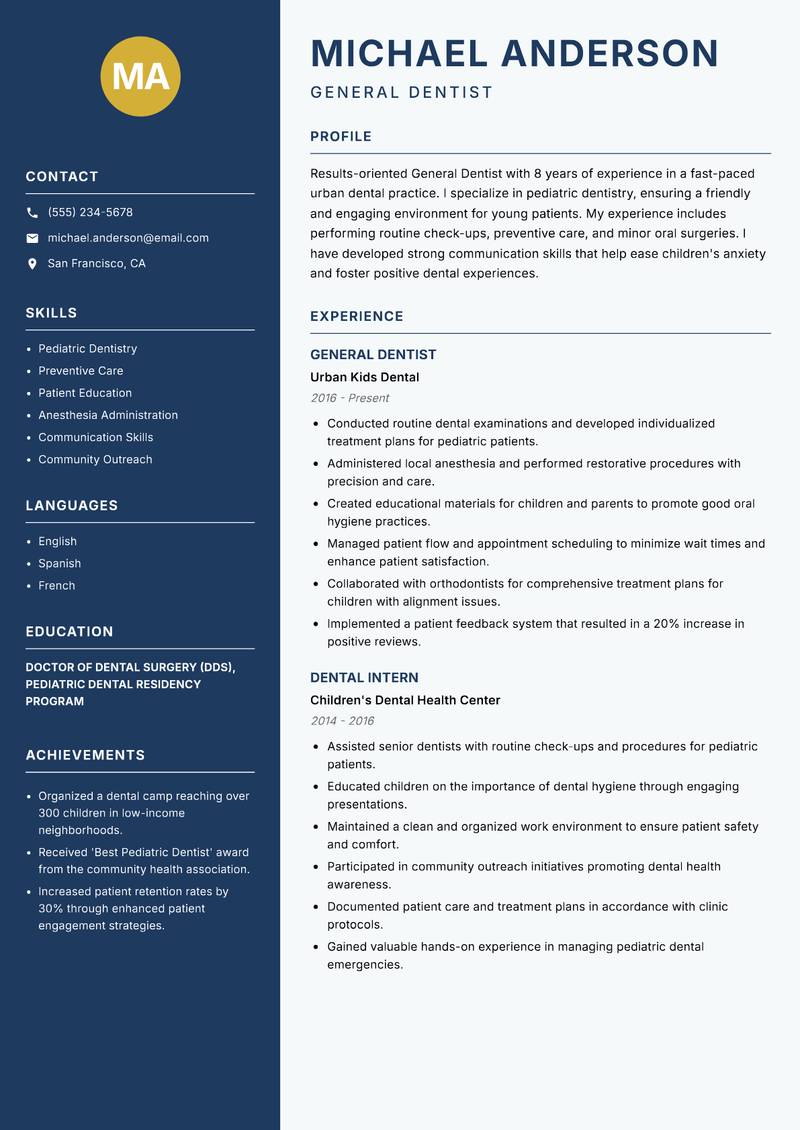General Dentist Resume Preview Example