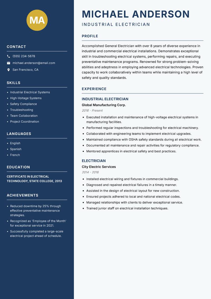 General Electrician Resume Preview Example