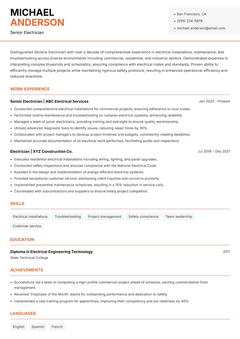 General Electrician Resume Template