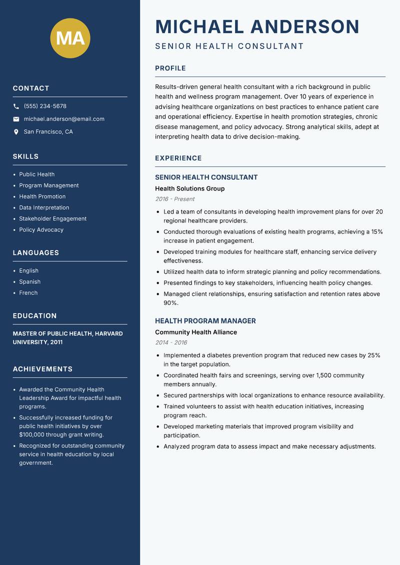 General Health Consultant Resume Preview Example