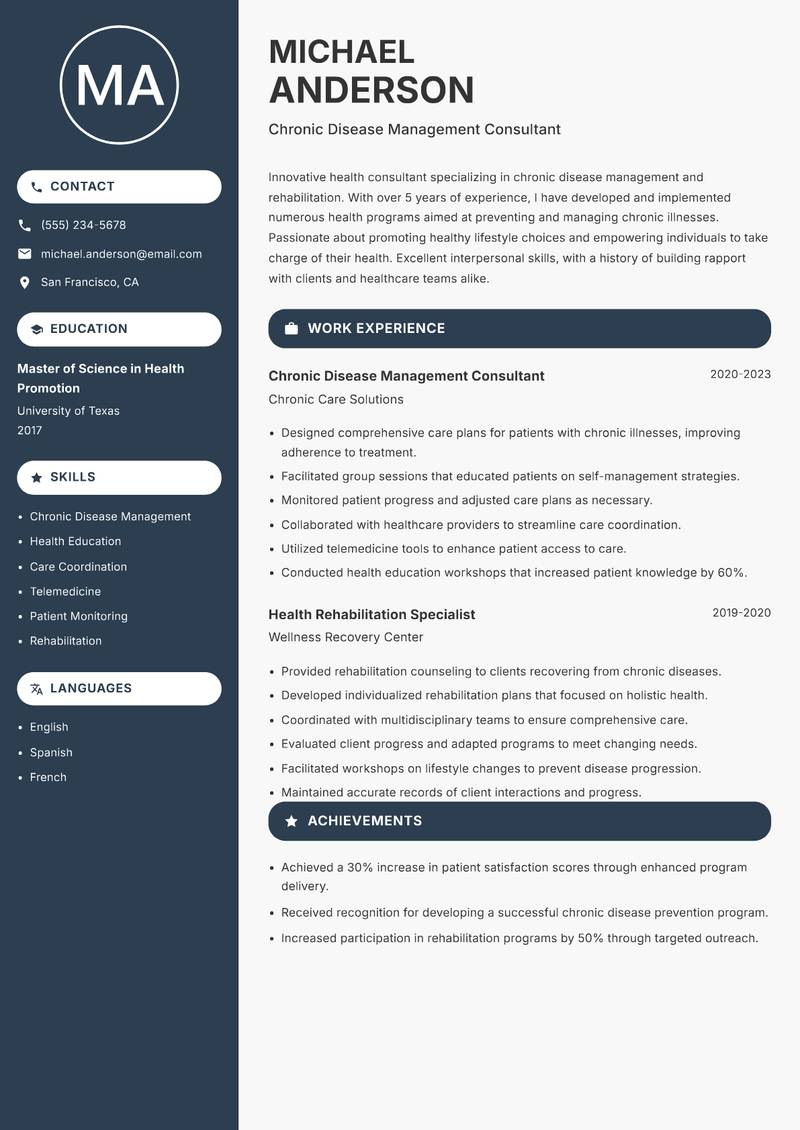 General Health Consultant Resume Preview Example
