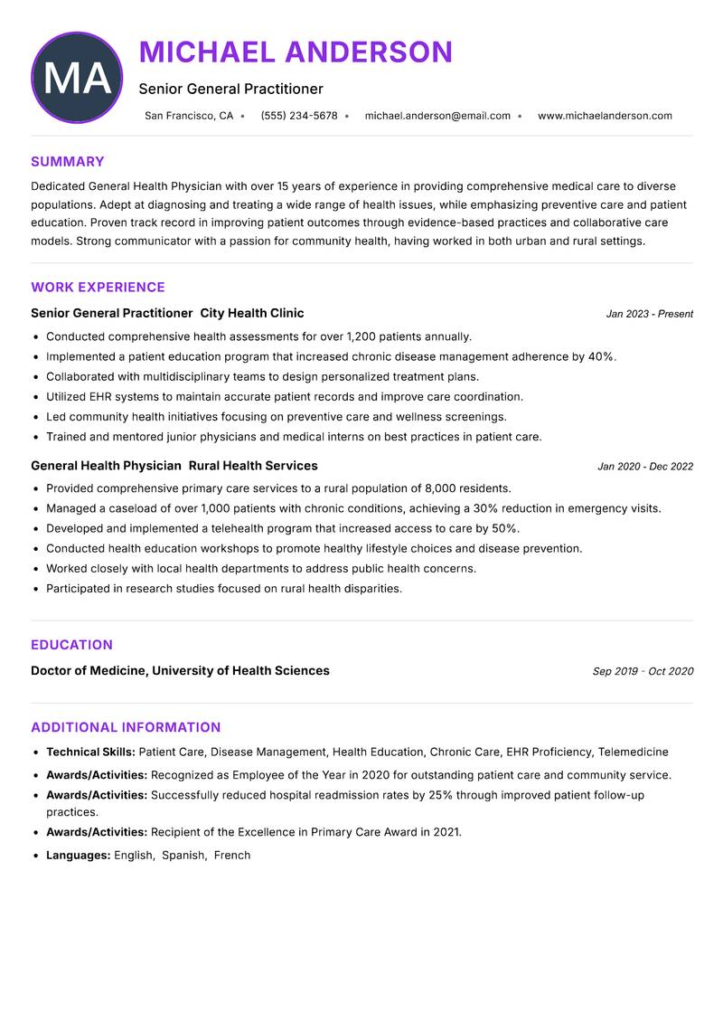 General Health Physician Resume Preview Example