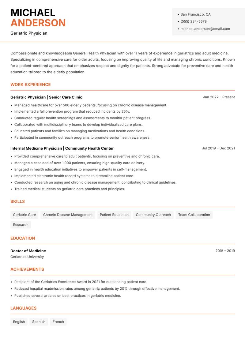 General Health Physician Resume Template