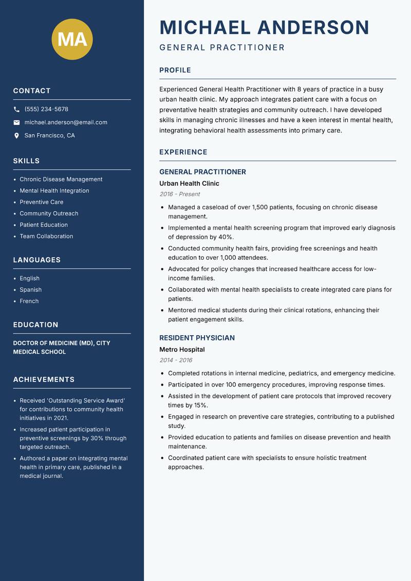 General Health Practitioner Resume Preview Example