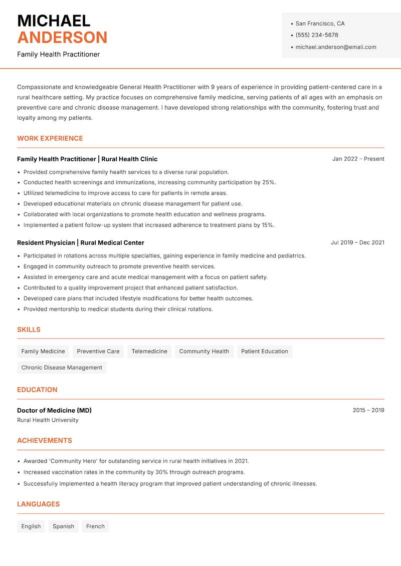 General Health Practitioner Resume Template
