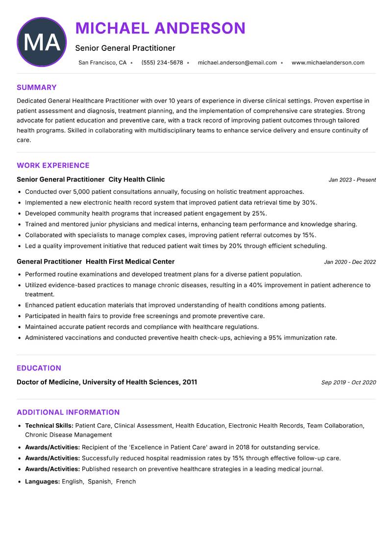 General Healthcare Practitioner Resume Preview Example