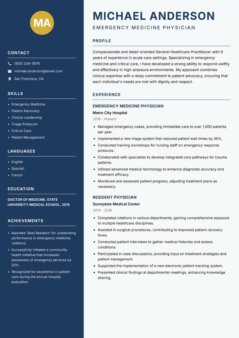 General Healthcare Practitioner Resume Preview Example