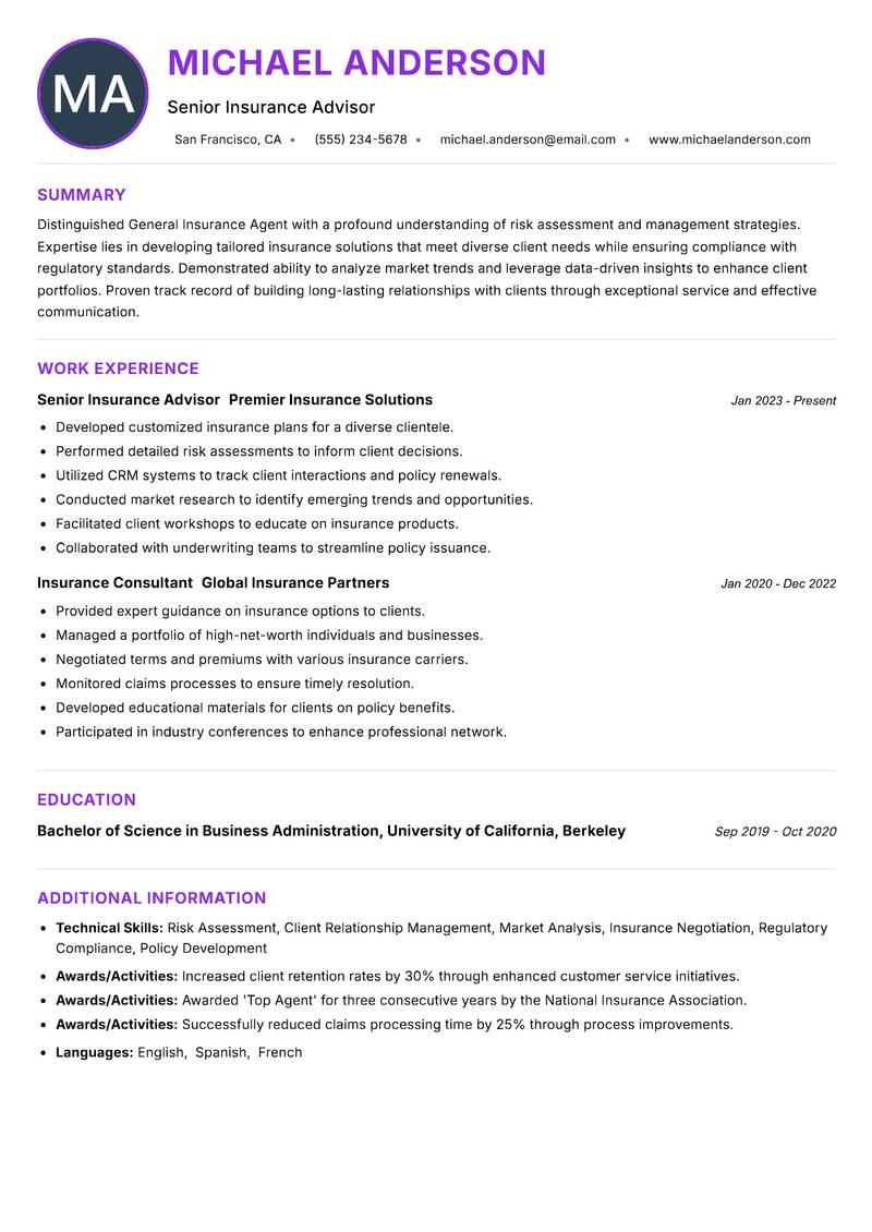 General Insurance Agent Resume Preview Example