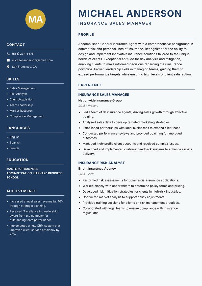General Insurance Agent Resume Preview Example