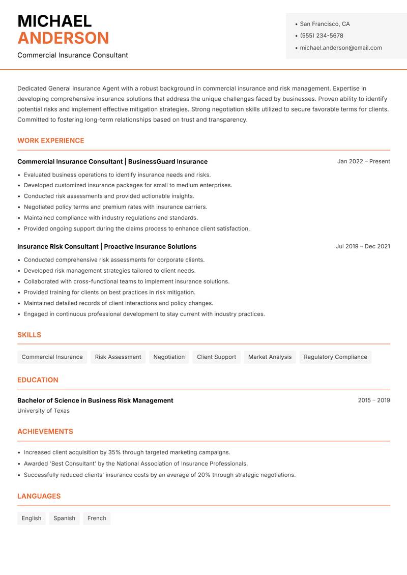General Insurance Agent Resume Template