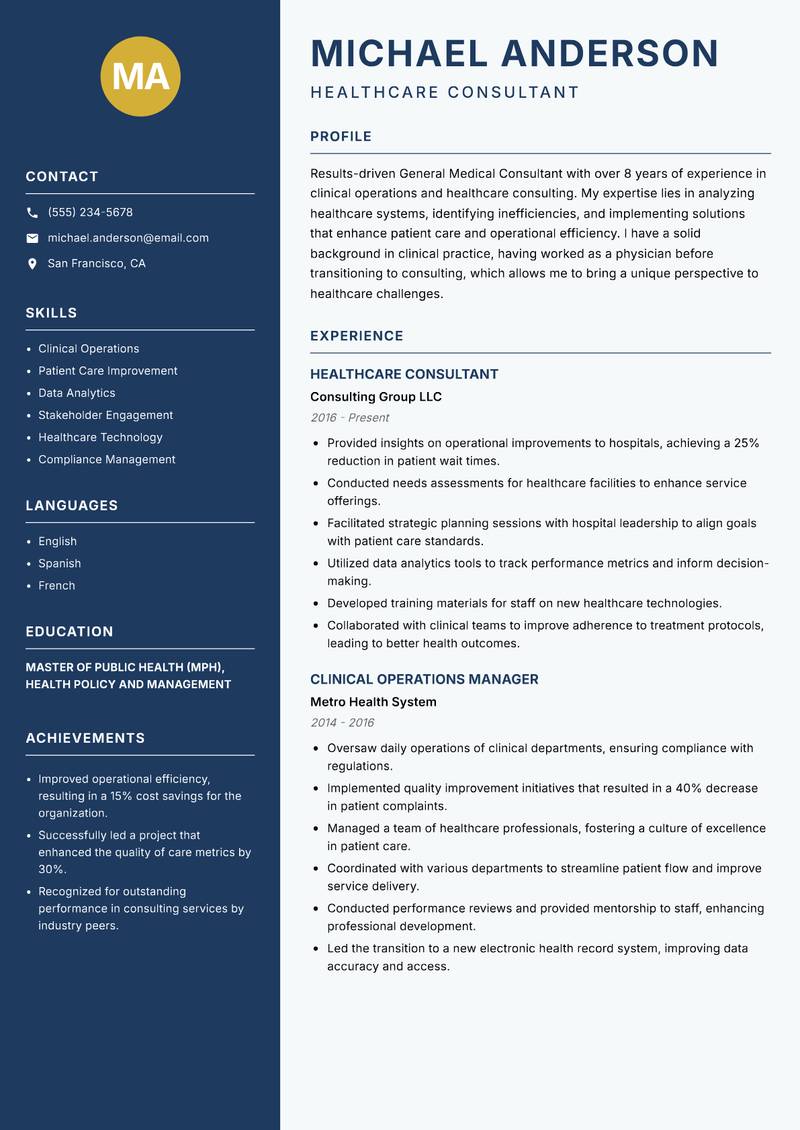 General Medical Consultant Resume Preview Example