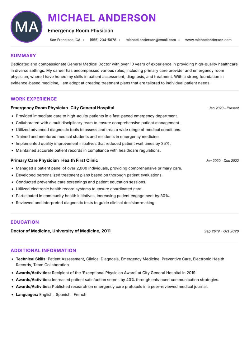 General Medical Doctor Resume Preview Example