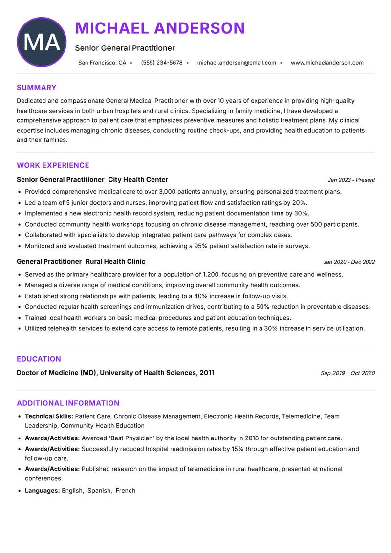 General Medical Practitioner Resume Preview Example
