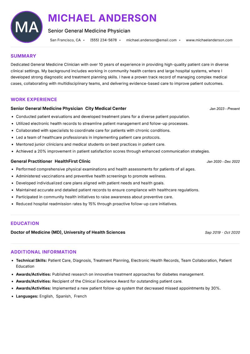 General Medicine Clinician Resume Preview Example