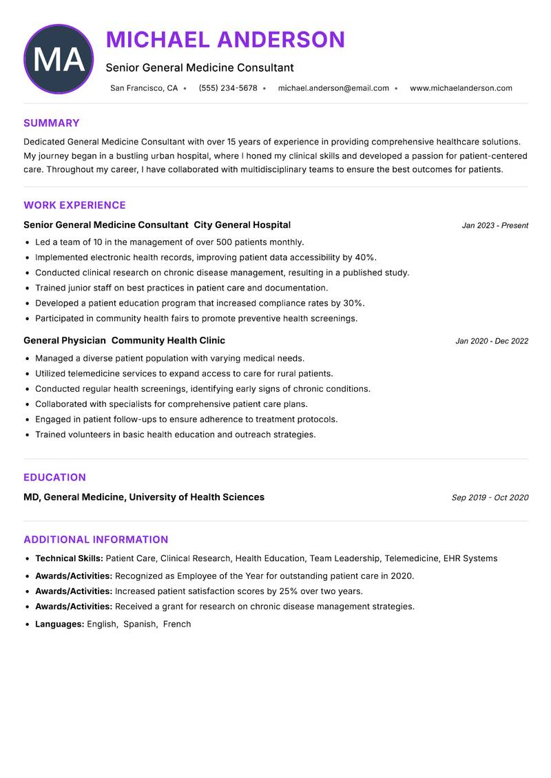General Medicine Consultant Resume Preview Example