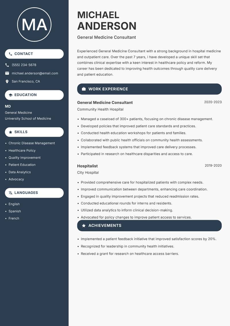 General Medicine Consultant Resume Preview Example