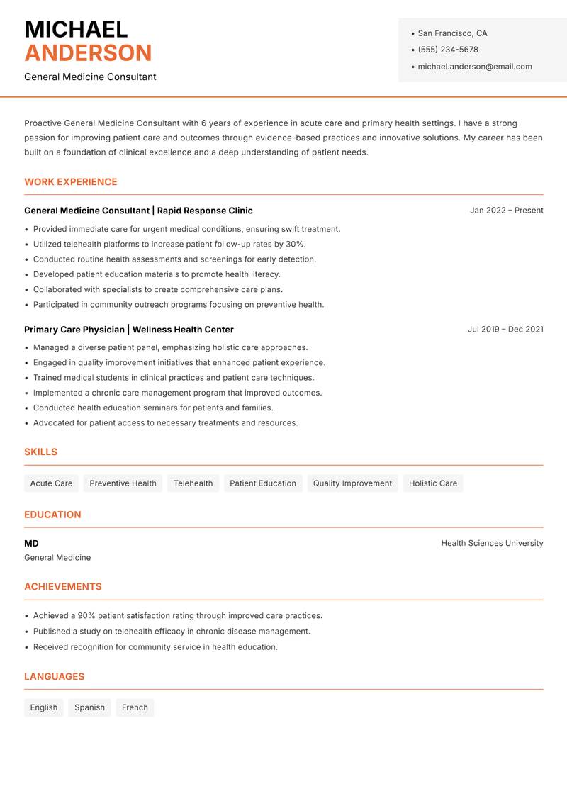 General Medicine Consultant Resume Template