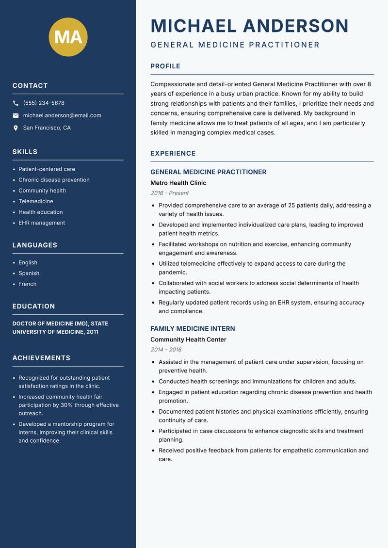 General Medicine Practitioner Resume Preview Example