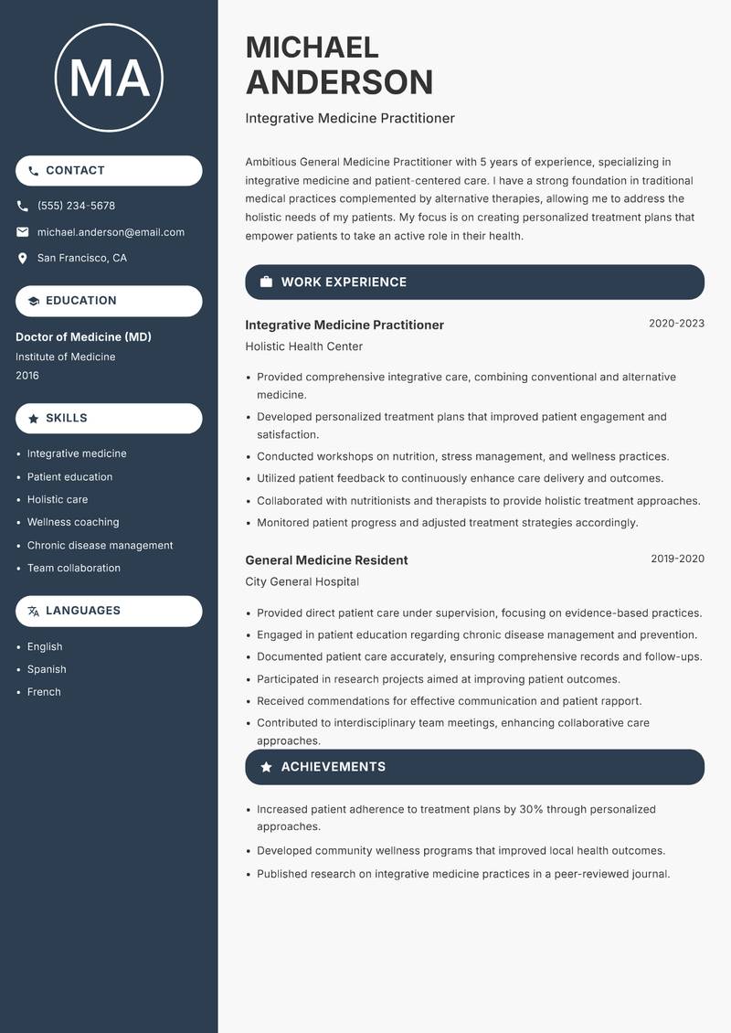 General Medicine Practitioner Resume Preview Example
