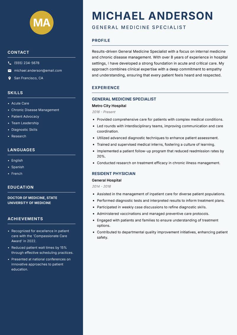 General Medicine Specialist Resume Preview Example