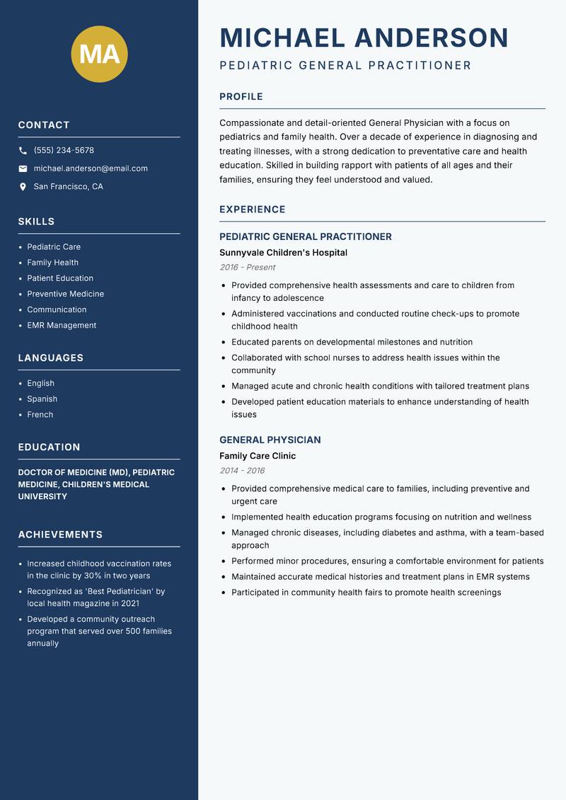 General Physician Resume Preview Example