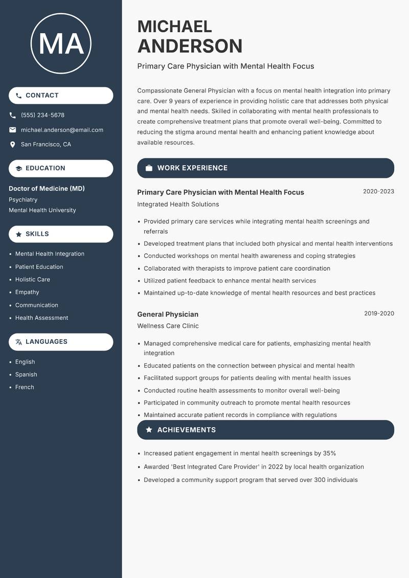 General Physician Resume Preview Example