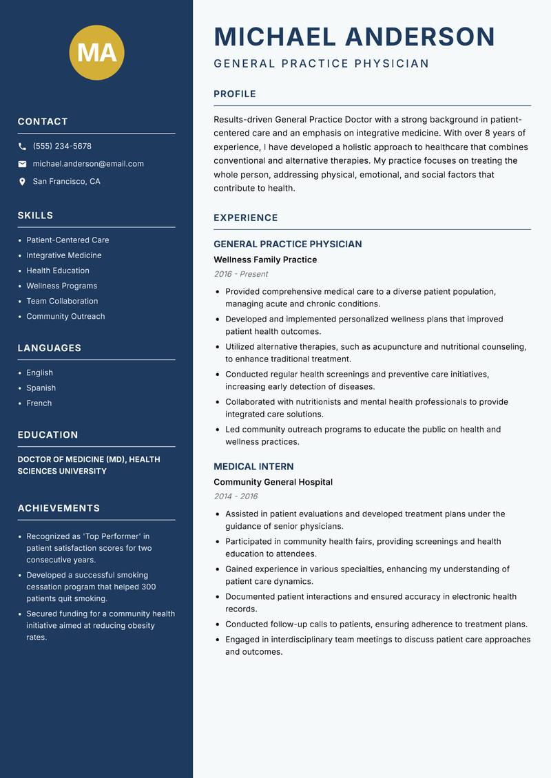 General Practice Doctor Resume Preview Example