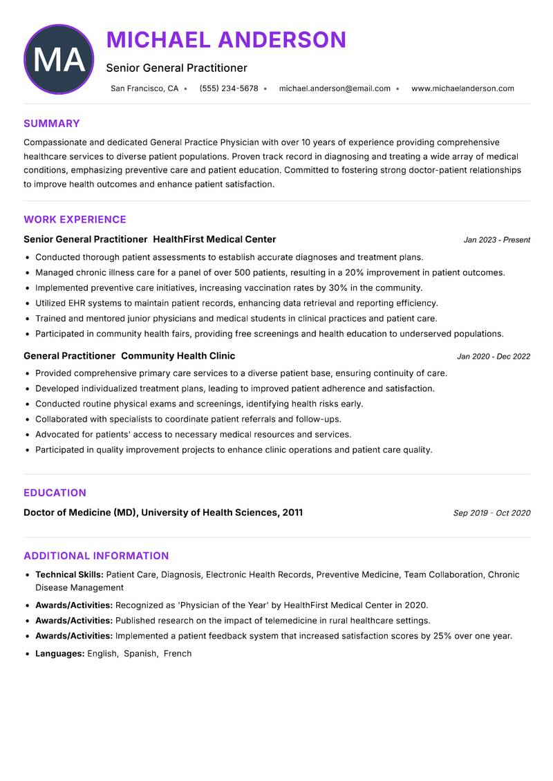General Practice Physician Resume Preview Example