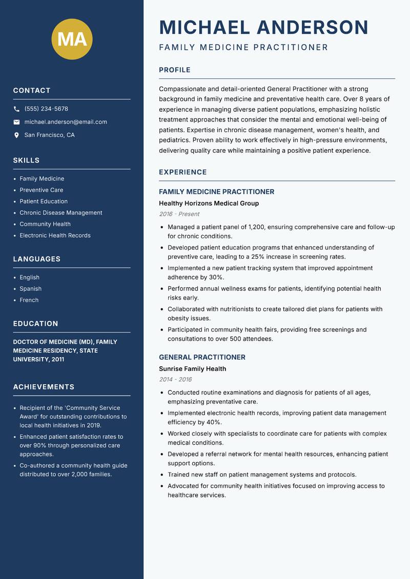 General Practitioner Resume Preview Example