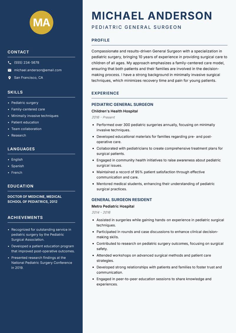 General Surgeon Resume Preview Example