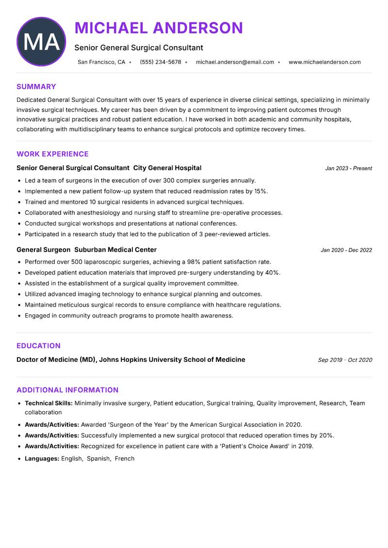 General Surgical Consultant Resume Preview Example