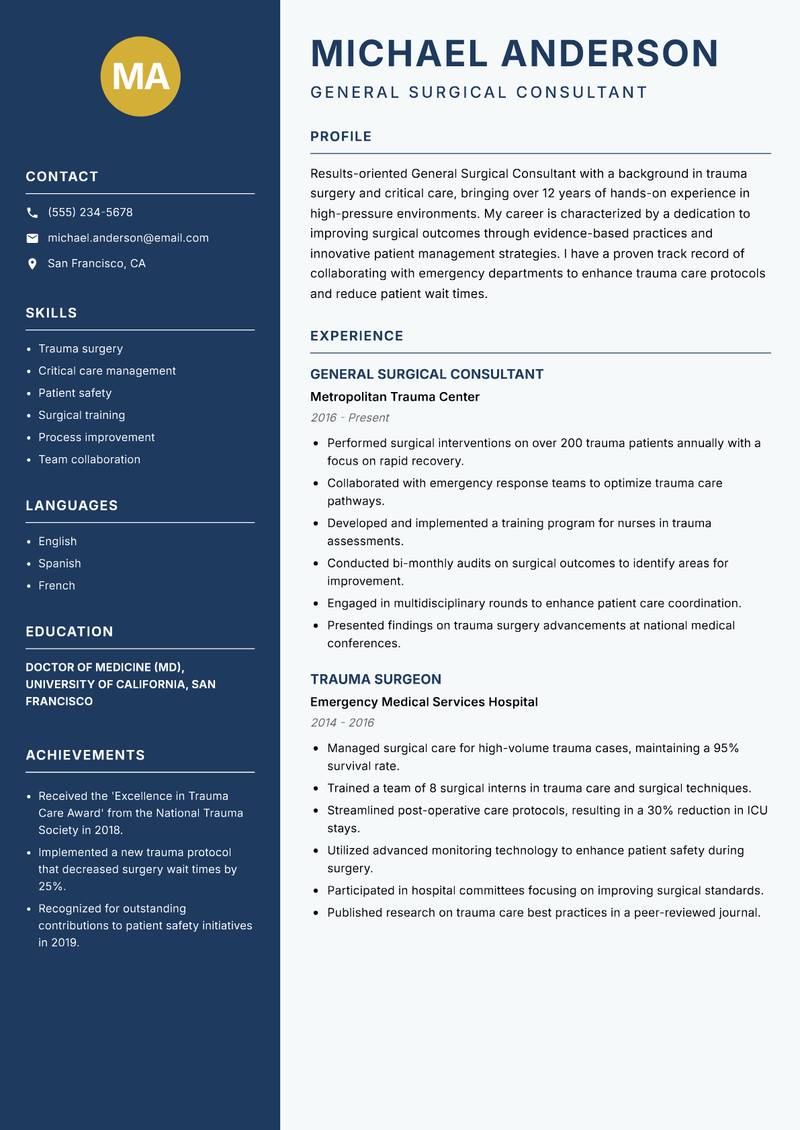 General Surgical Consultant Resume Preview Example
