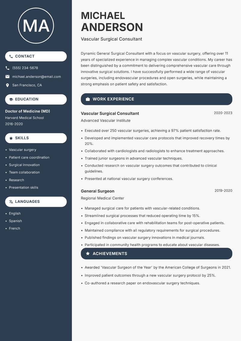 General Surgical Consultant Resume Preview Example