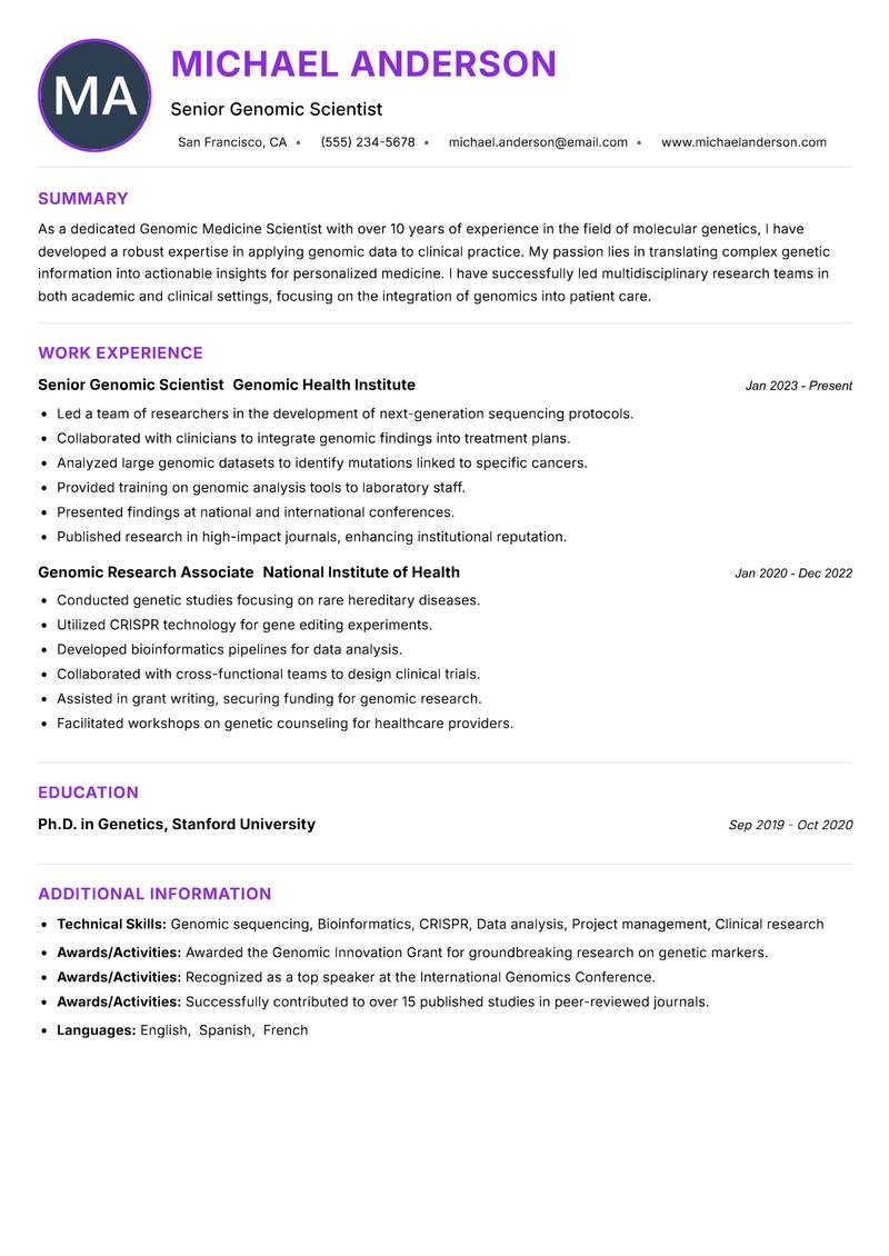 Genomic Medicine Scientist Resume Preview Example