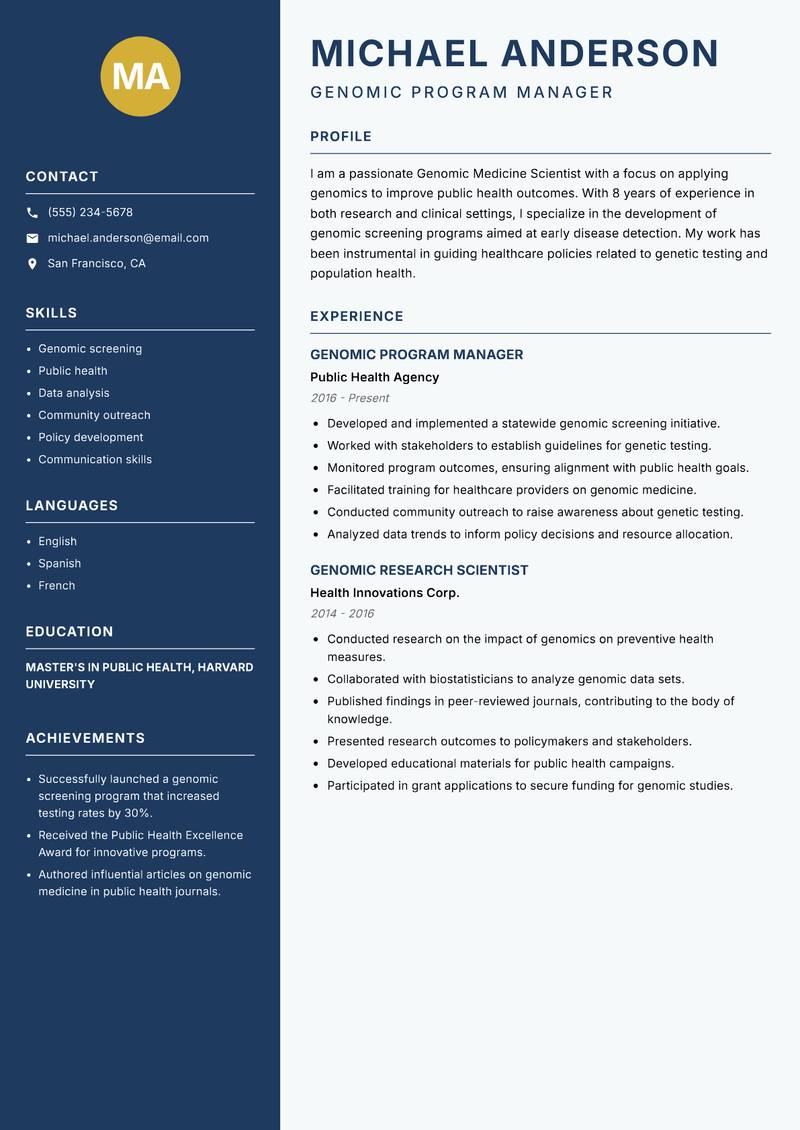 Genomic Medicine Scientist Resume Preview Example