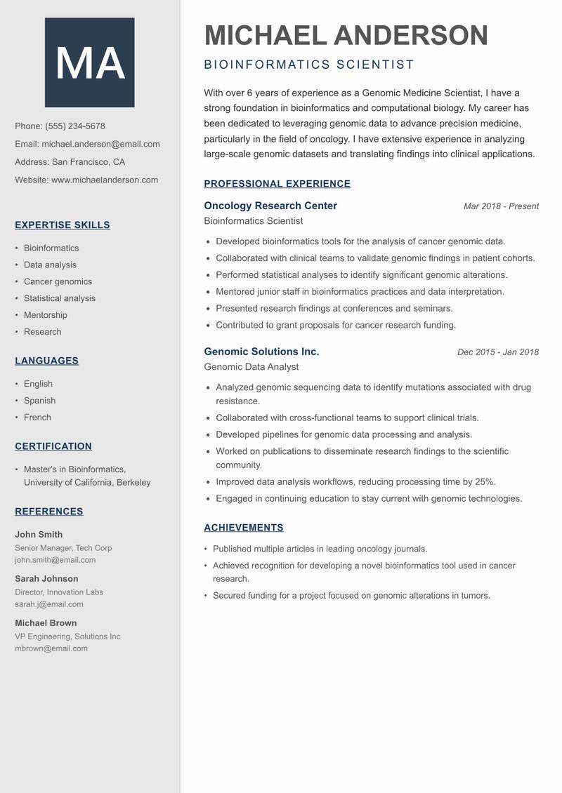 Genomic Medicine Scientist Resume Preview Example