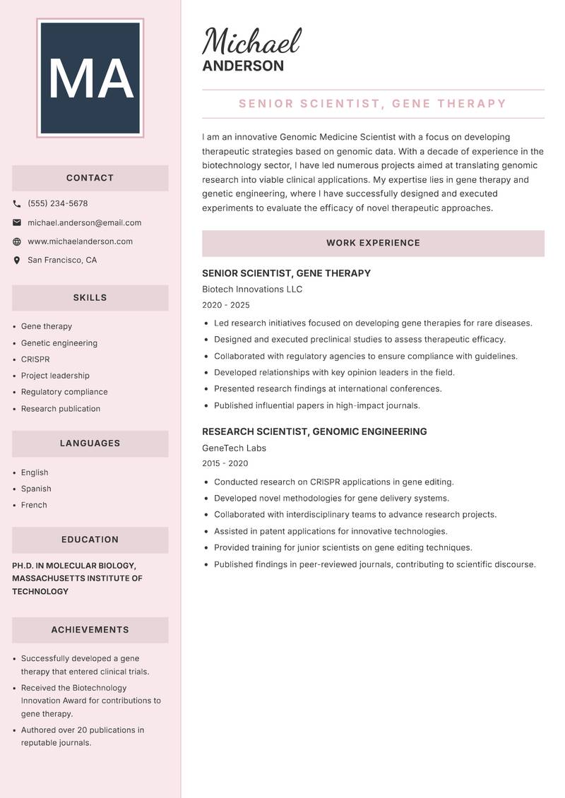 Genomic Medicine Scientist Resume Preview Example