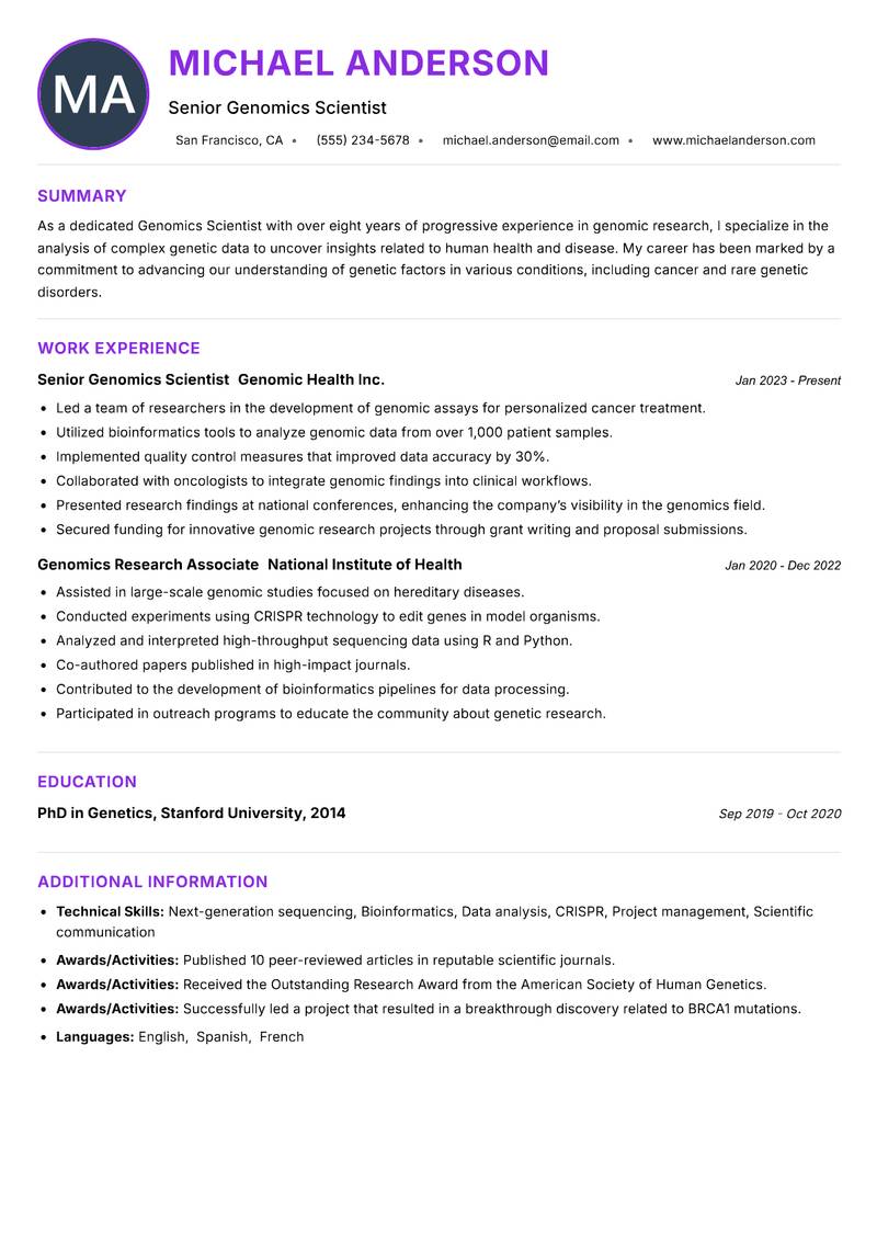 Genomics Scientist Resume Preview Example