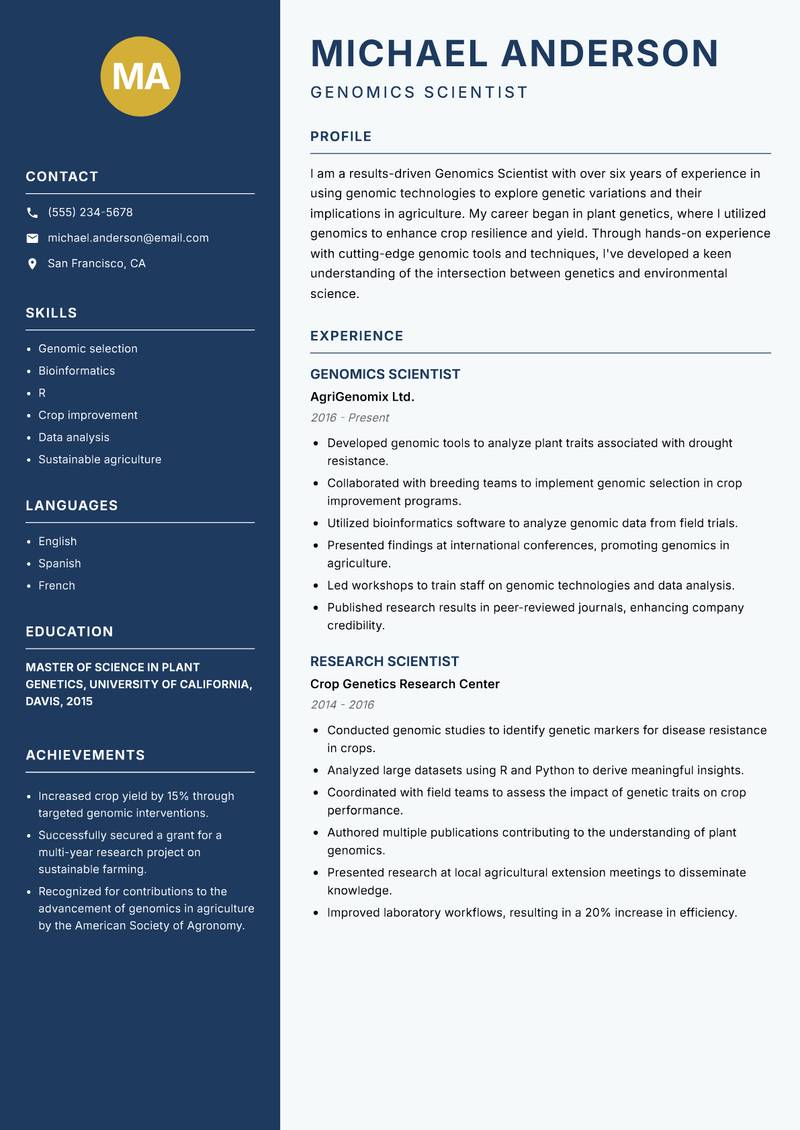 Genomics Scientist Resume Preview Example