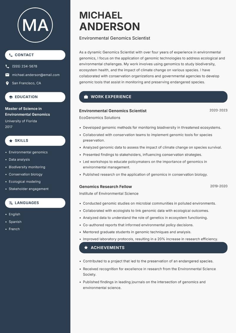 Genomics Scientist Resume Preview Example