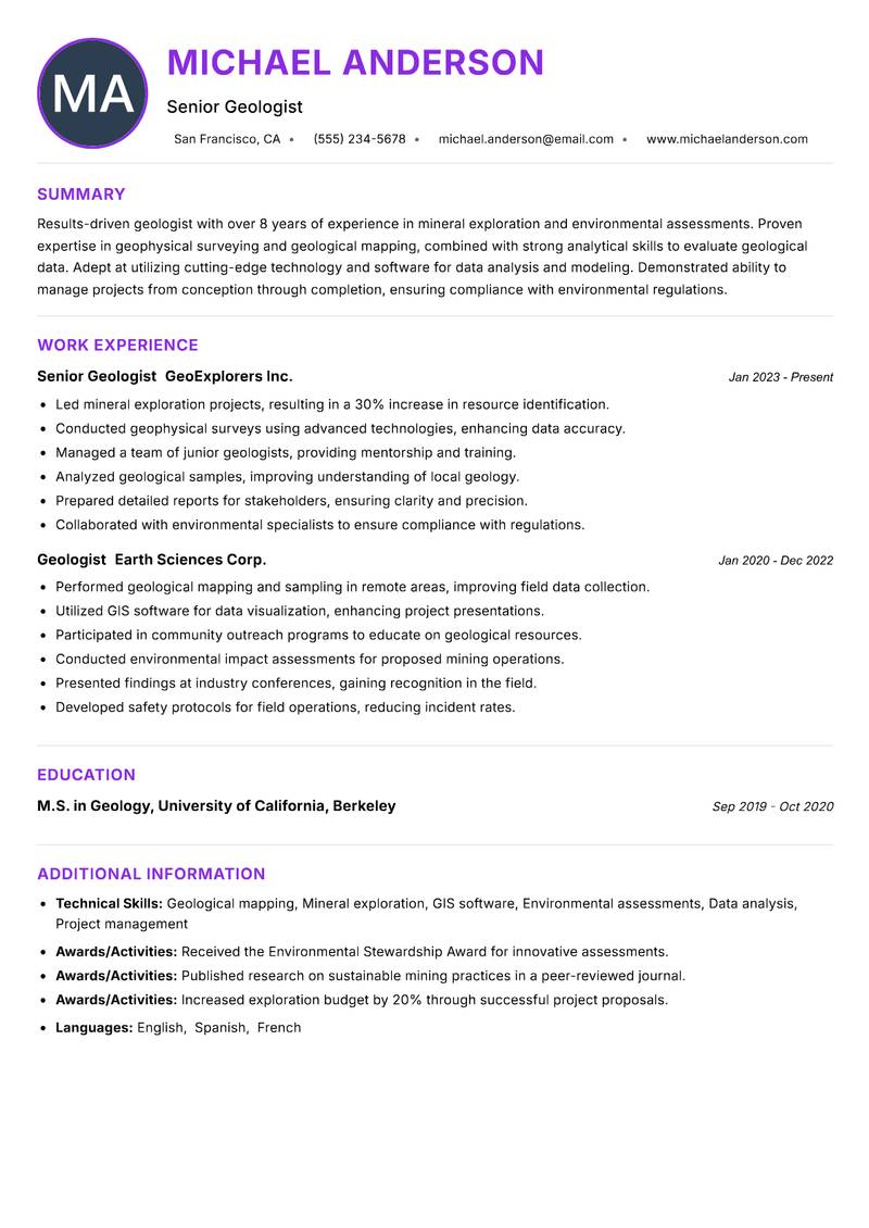 Geologist Resume Preview Example