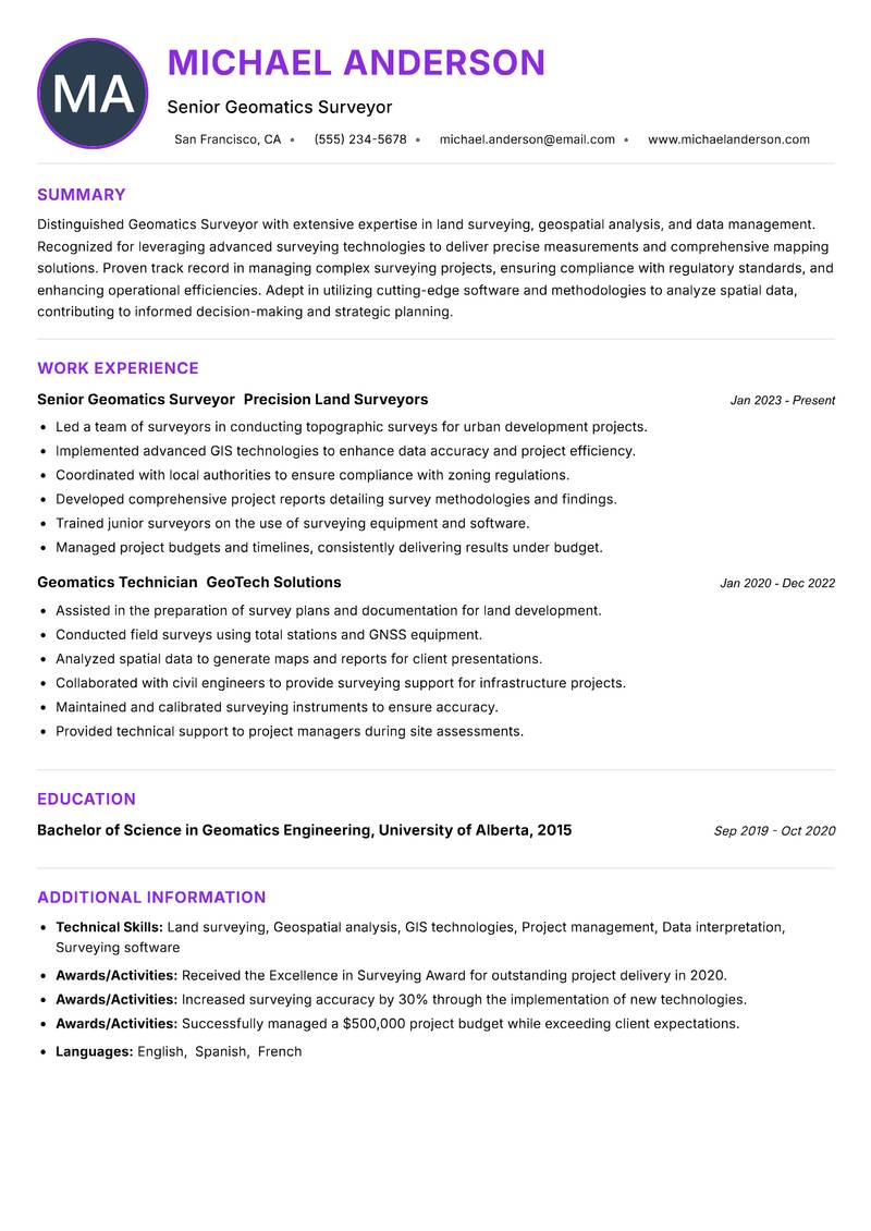 Geomatics Surveyor Resume Preview Example