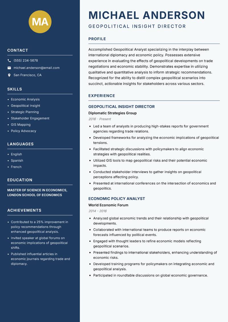 Geopolitical Analyst Resume Preview Example