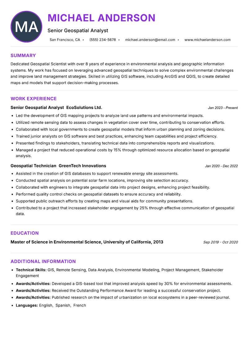 Geospatial Scientist Resume Preview Example